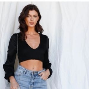 Black Textured Satin Effect Smocked Balloon Long Sleeved Crop